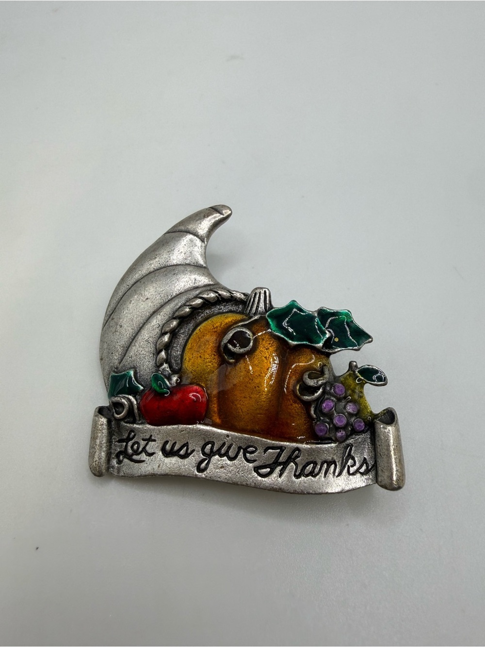 AJMC Thanksgiving Cornucopia Brooch Pin Let Us Give Thanks Enamel Harvest